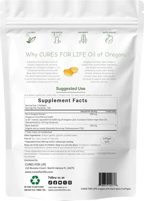 Oil of Oregano with Black Seed Oil, 165mg Carvacrol – 300 Softgels