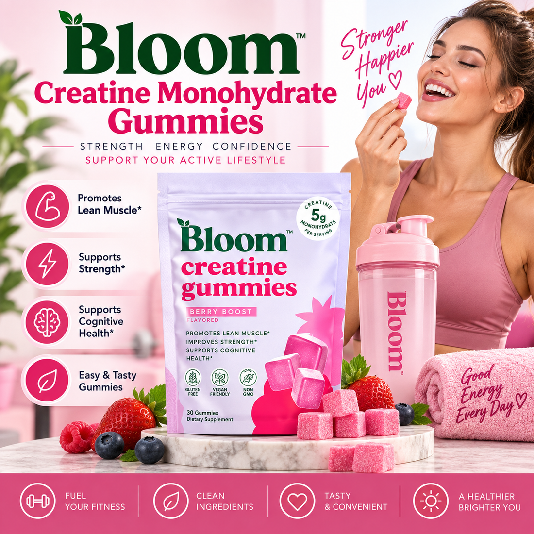 Bloom Creatine Monohydrate Gummies for Women | Berry Boost