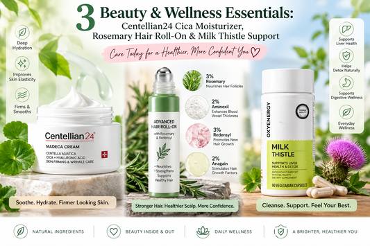 3 Beauty & Wellness Essentials: Centellian24 Cica Moisturizer, Rosemary Hair Roll-On & Milk Thistle Support