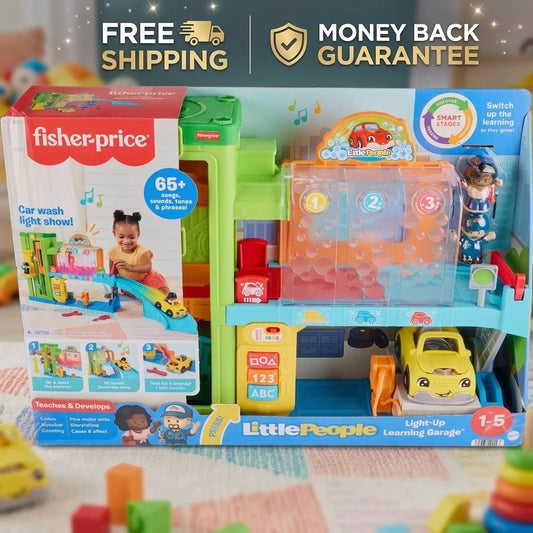 Fisher-Price Little People Learning Garage toy set in its retail box, shown with a few colorful blocks in the foreground. The packaging prominently displays the Fisher-Price brand and includes promotional text for free shipping and money back guarantee.