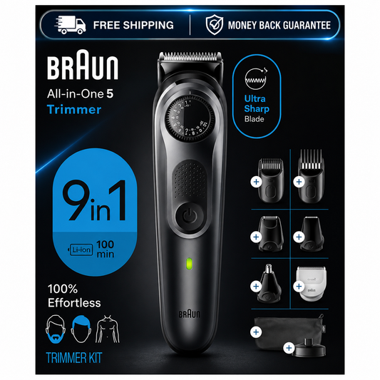 Braun All-in-One 5 Trimmer 9-in-1 grooming kit on a black background, featuring the main black trimmer, multiple attachment heads, a charging dock, and promotional text including free shipping and money back guarantee.