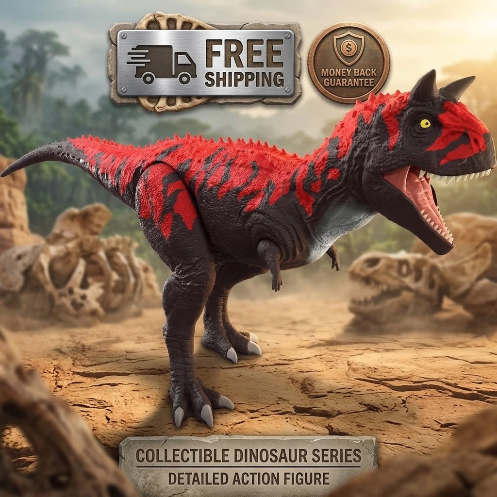 A red and black striped collectible dinosaur action figure shown in a prehistoric rocky environment, with promotional text badges including 'FREE SHIPPING' and 'Collectible Dinosaur Series Detailed Action Figure'.