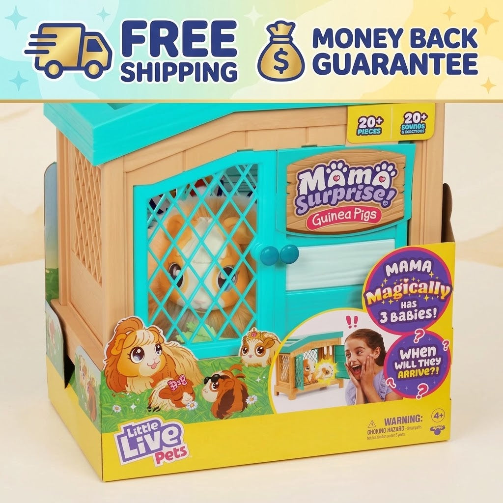 Little Live Pets Mama Surprise Guinea Pigs toy set in its original retail packaging, featuring a wooden-style pigsty with turquoise accents and cartoon graphics of guinea pigs. Prominent promotional text at the top reads 'FREE SHIPPING' and 'MONEY BACK GUARANTEE'.