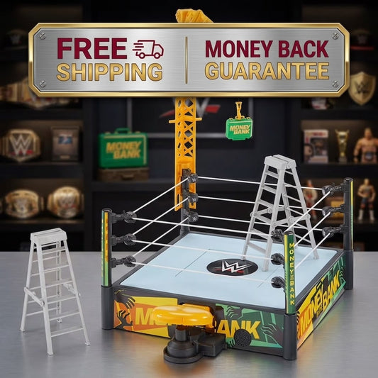 A miniature wrestling ring toy set with a yellow tower, white ladders, and a small yellow circular platform, displayed on a tabletop with a blurred background of sports memorabilia. A large promotional sign reading 'FREE SHIPPING' and 'MONEY BACK GUARANTEE' is overlaid at the top.