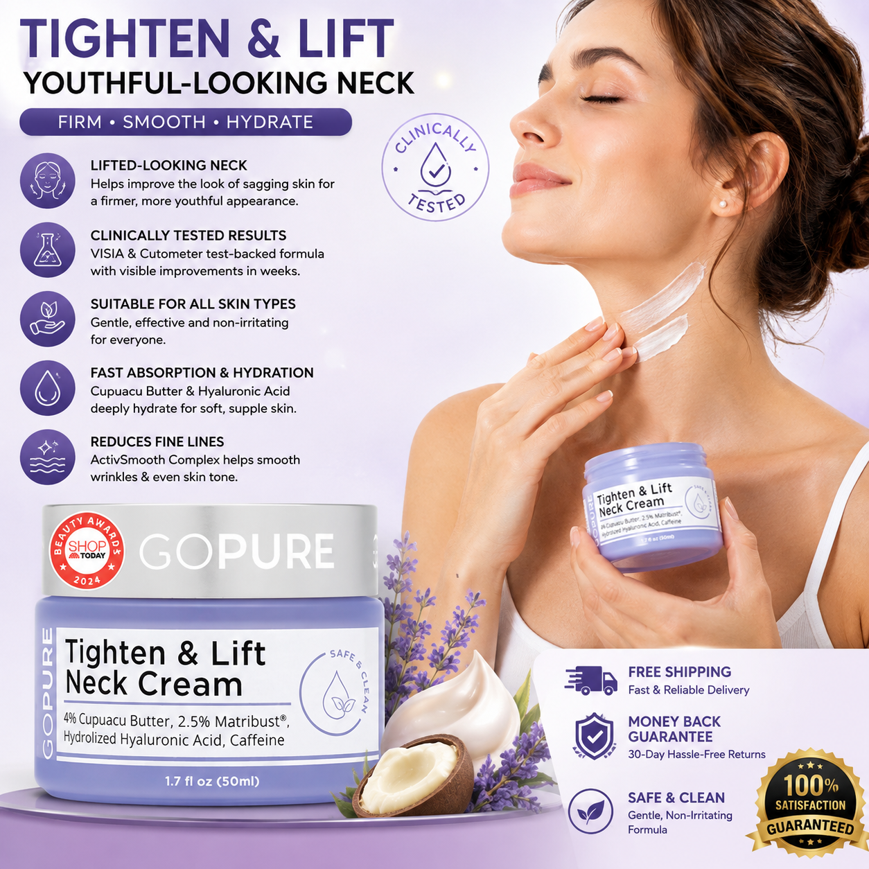 GoPure neck firming cream with Hyaluronic Acid and Cupuacu Butter