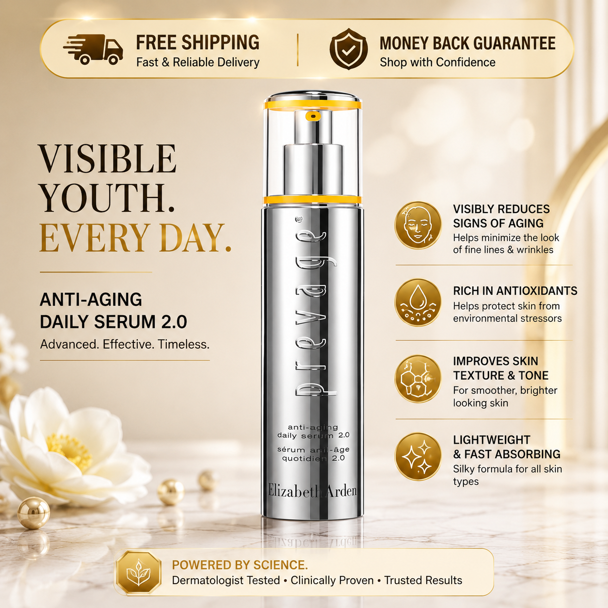 Elizabeth Arden Visible Youth Daily Serum 2.0 bottle centered on a warm beige promotional background with text callouts, icons, and decorative gold accents.