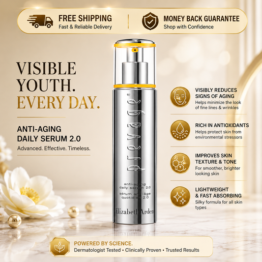 Elizabeth Arden Visible Youth Daily Serum 2.0 bottle centered on a warm beige promotional background with text callouts, icons, and decorative gold accents.