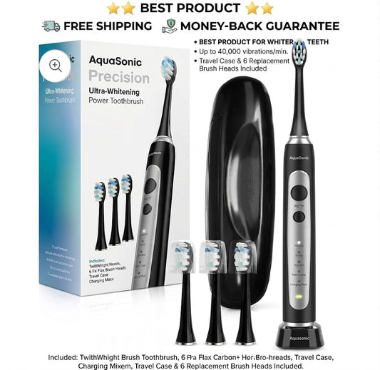 Aquasonic Precision Rechargeable Electric Toothbrush with 4 Brush Heads
