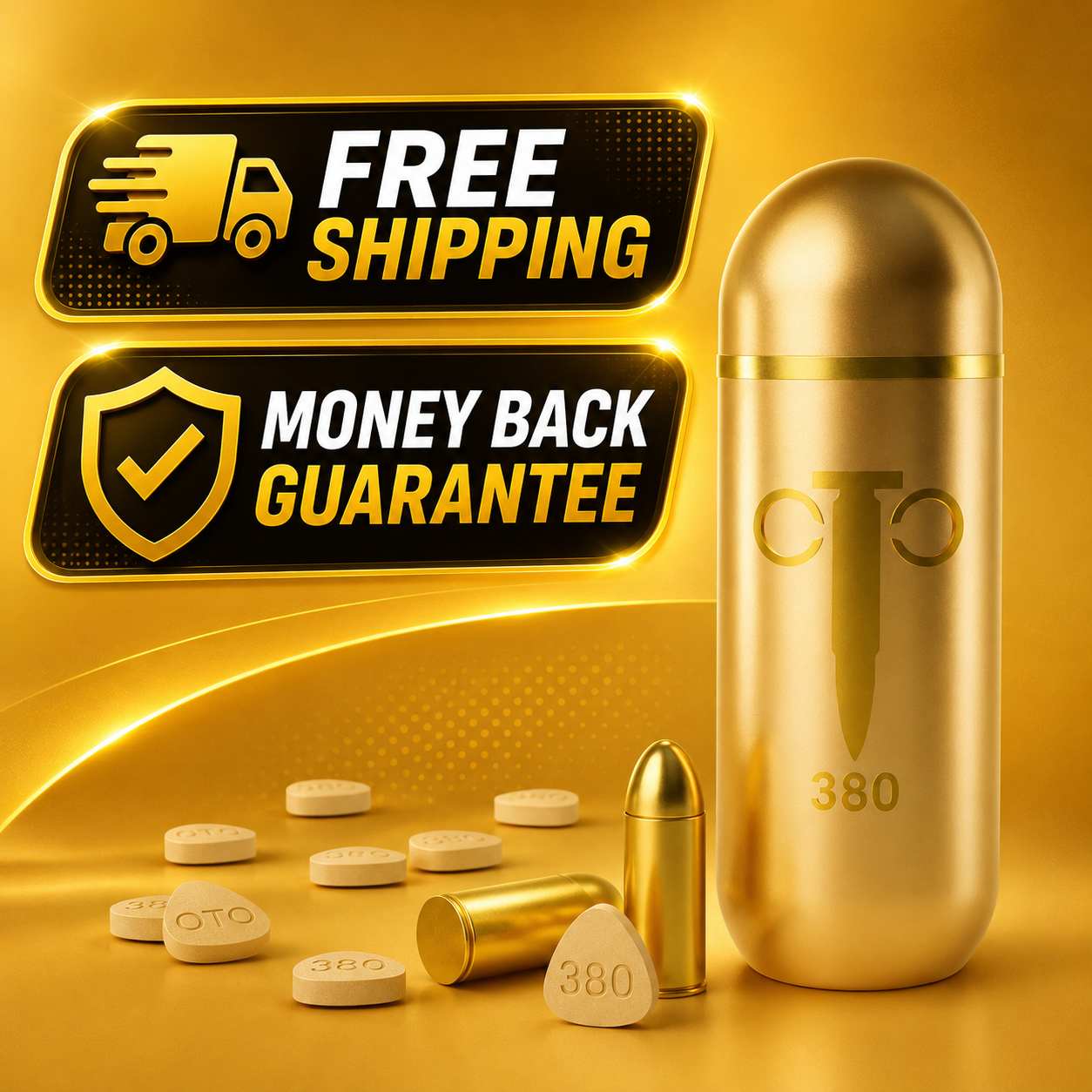 A gold capsule-shaped pill bottle labeled '380' stands on a golden surface beside several round and bullet-shaped tablets. Two promotional badges read 'FREE SHIPPING' and 'MONEY BACK GUARANTEE' against a glowing gold background.