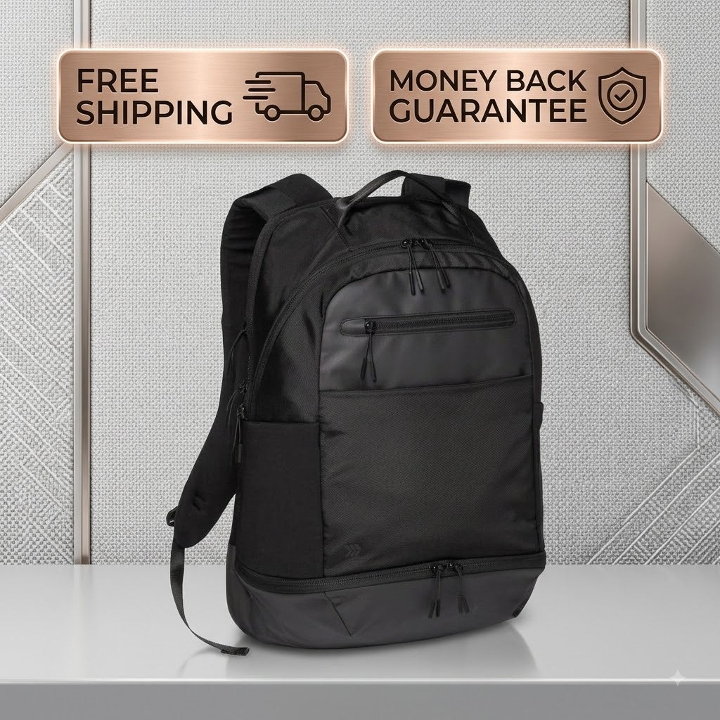 A black multi-compartment backpack displayed on a white surface against a gray textured wall, with two promotional badges at the top reading 'FREE SHIPPING' and 'MONEY BACK GUARANTEE'.