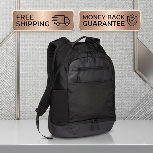 A black multi-compartment backpack displayed on a white surface against a gray textured wall, with two promotional badges at the top reading 'FREE SHIPPING' and 'MONEY BACK GUARANTEE'.
