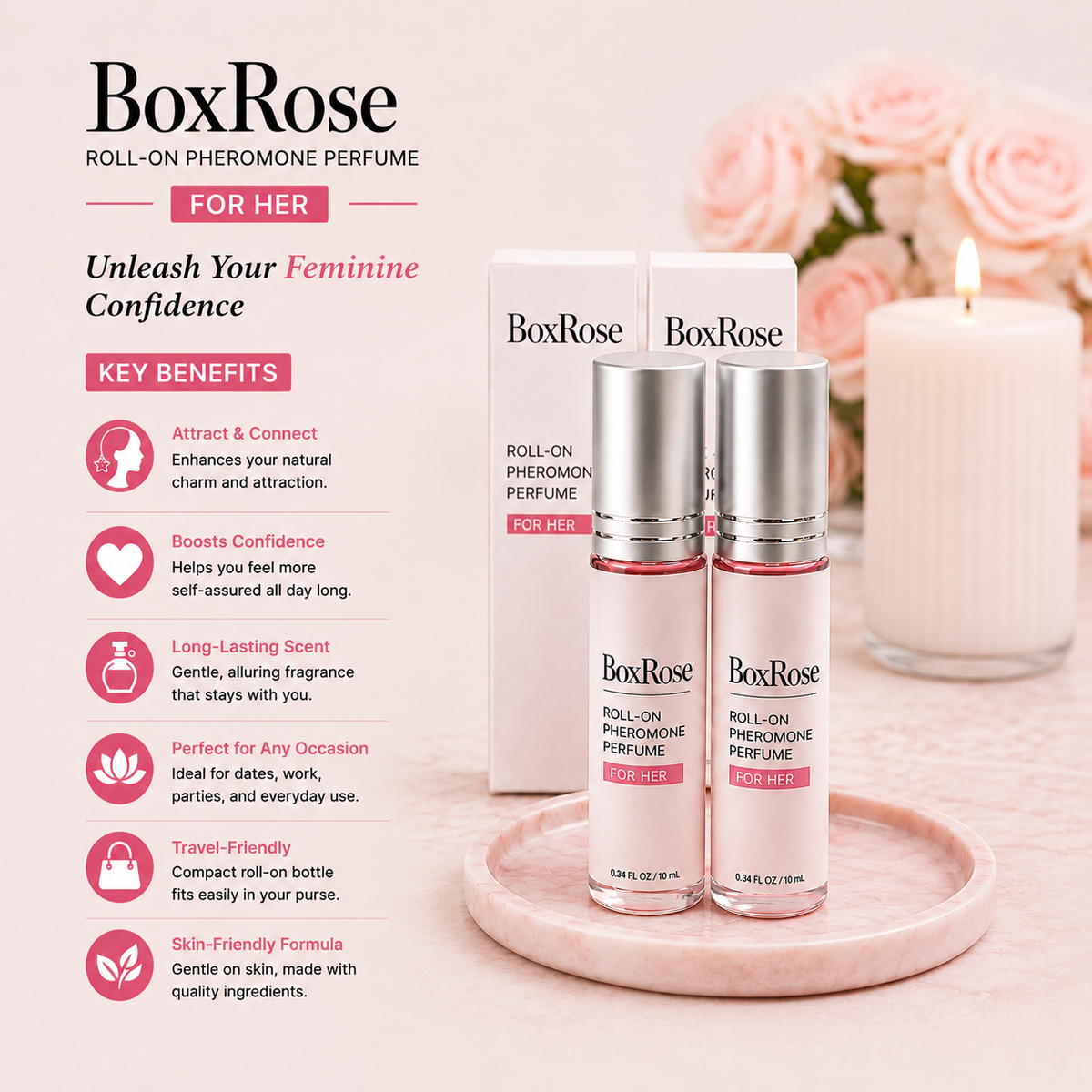 BoxRose women's pheromone roll-on perfume for everyday wear and easy application.