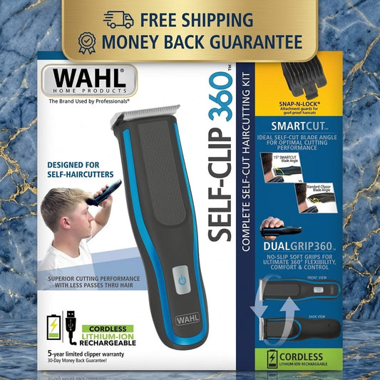 Wahl Self-Clip 360 Self-Heating Haircutting Kit in a retail package design with a blue and black clipper, feature callouts, and a gold free shipping banner on a marble-patterned background.