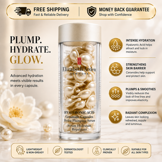 Elizabeth Arden Hyaluronic Acid Ceramide-Capsules Hydro-Plumping Serum in a clear cylindrical bottle showing gold capsules inside, set against a light beige background with decorative pearls. The image includes promotional text, icons detailing product benefits, and shipping/guarantee banners.