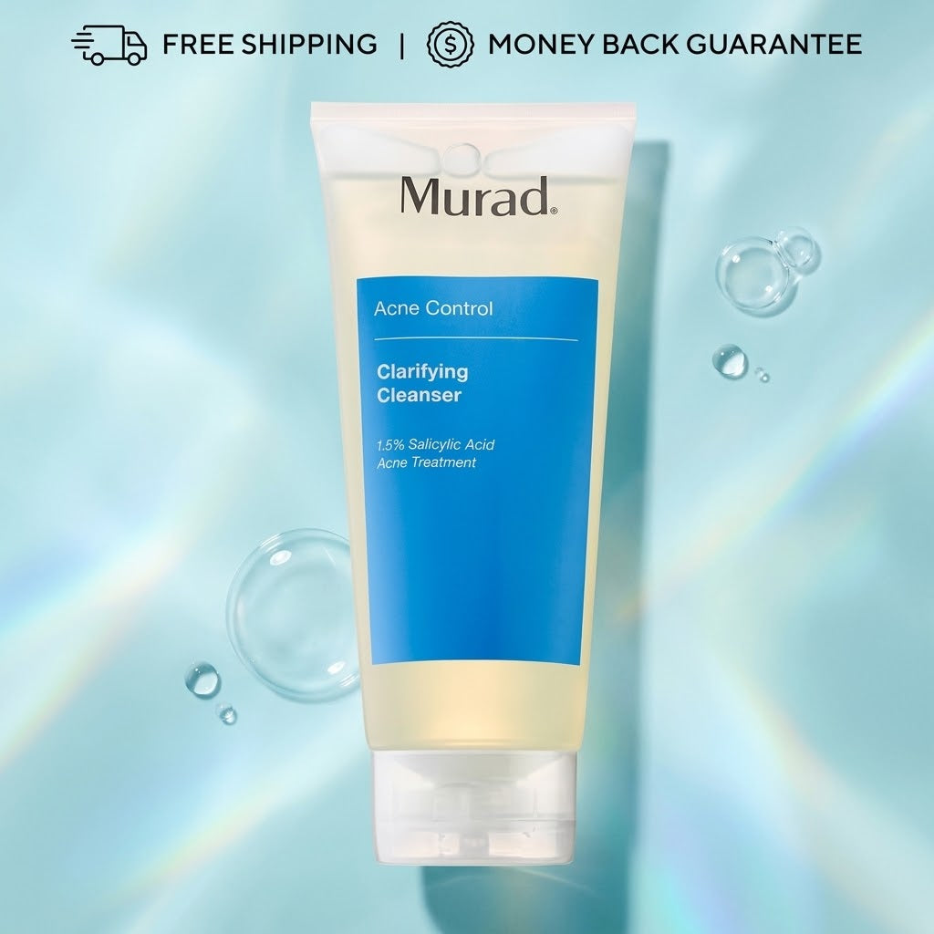 A tube of Murad Clarifying Cleanser Acne Control serum, featuring a white and blue label, set against a light blue background with water droplets and a 'Free Shipping | Money Back Guarantee' banner at the top.
