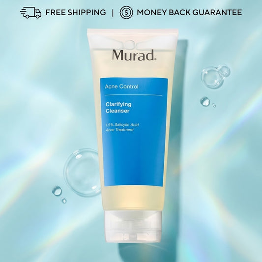 A tube of Murad Clarifying Cleanser Acne Control serum, featuring a white and blue label, set against a light blue background with water droplets and a 'Free Shipping | Money Back Guarantee' banner at the top.