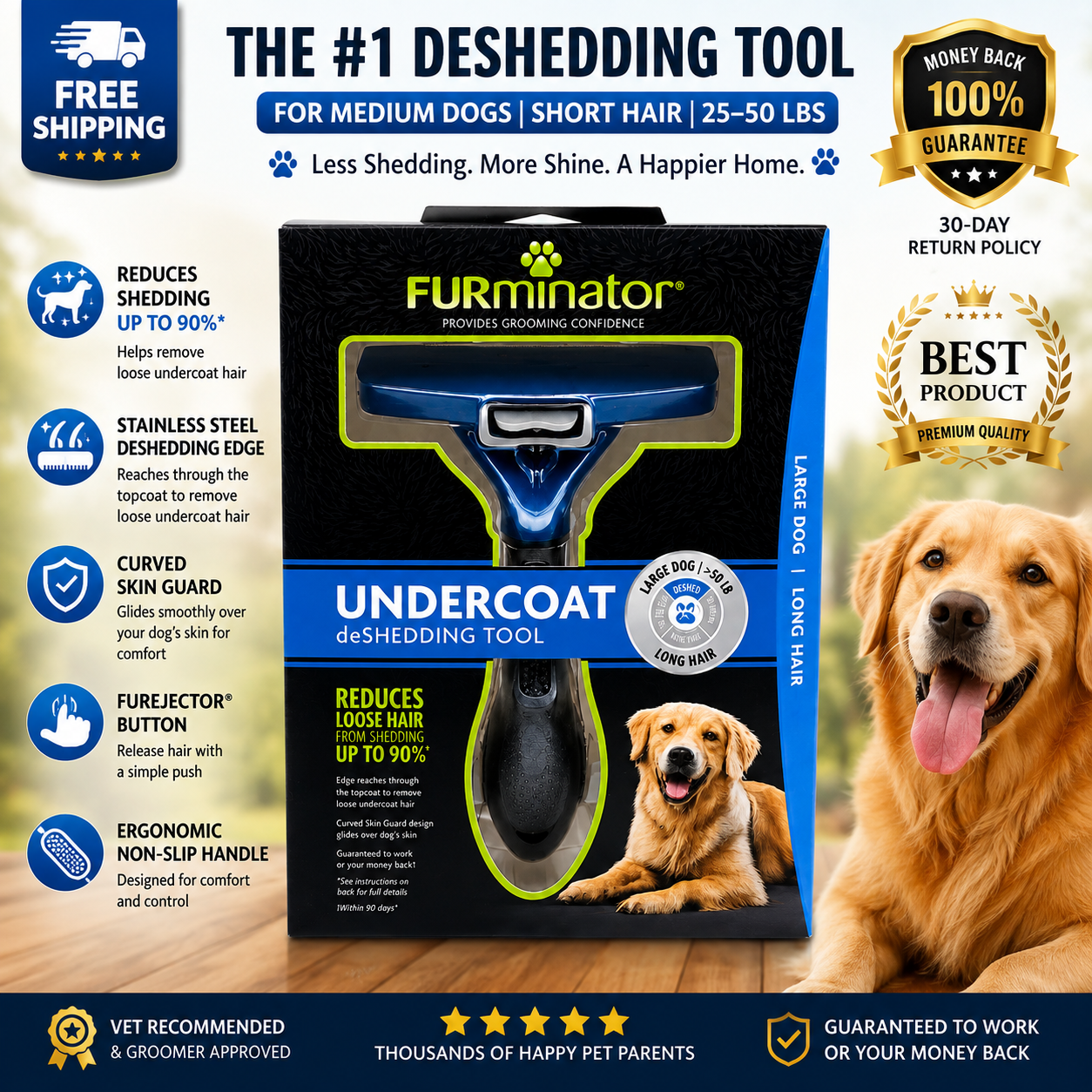 FURminator Undercoat deShedding Tool for large short-haired dogs 50+ lbs