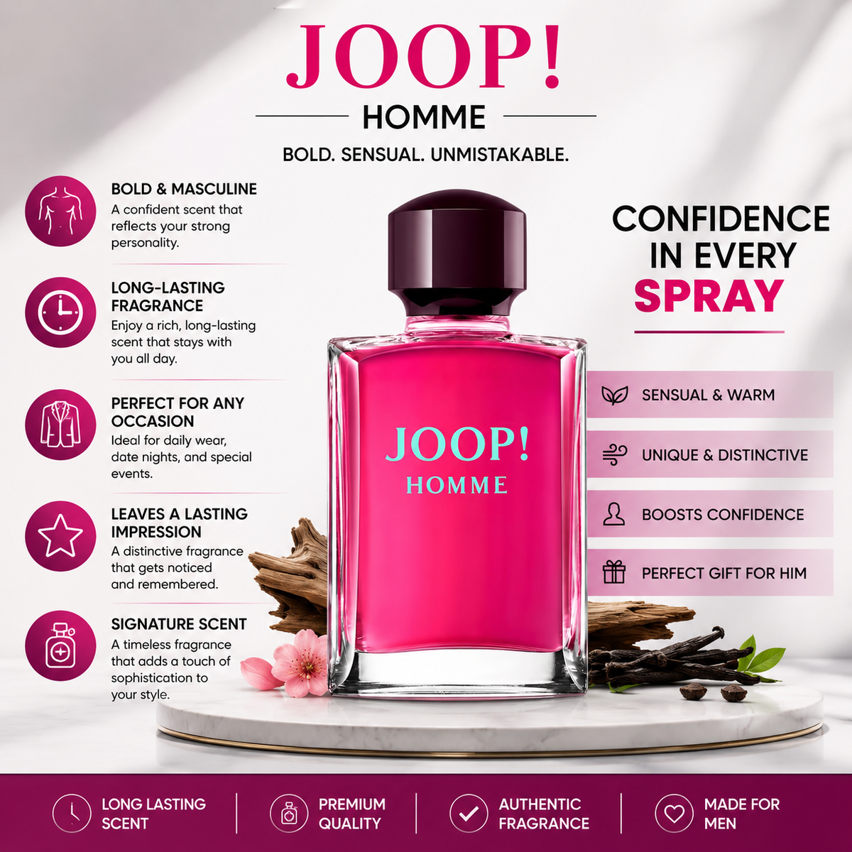 Joop! Homme men's cologne featuring vanilla, sandalwood, amber and warm woody notes.