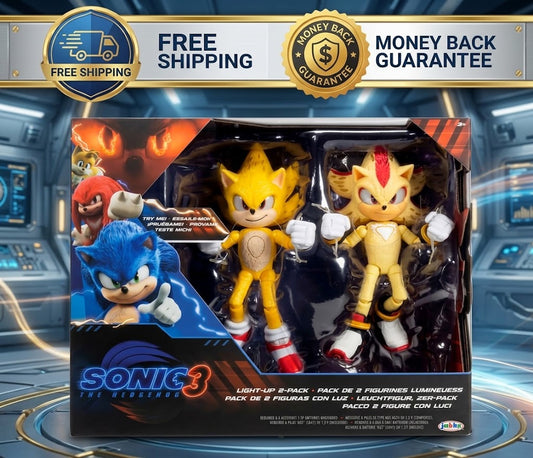 Sonic 3 Light-Up 2-Pack figure box set featuring yellow and red luminescent action figures in retail packaging, with promotional badges for free shipping and money back guarantee over a futuristic blue tech background.