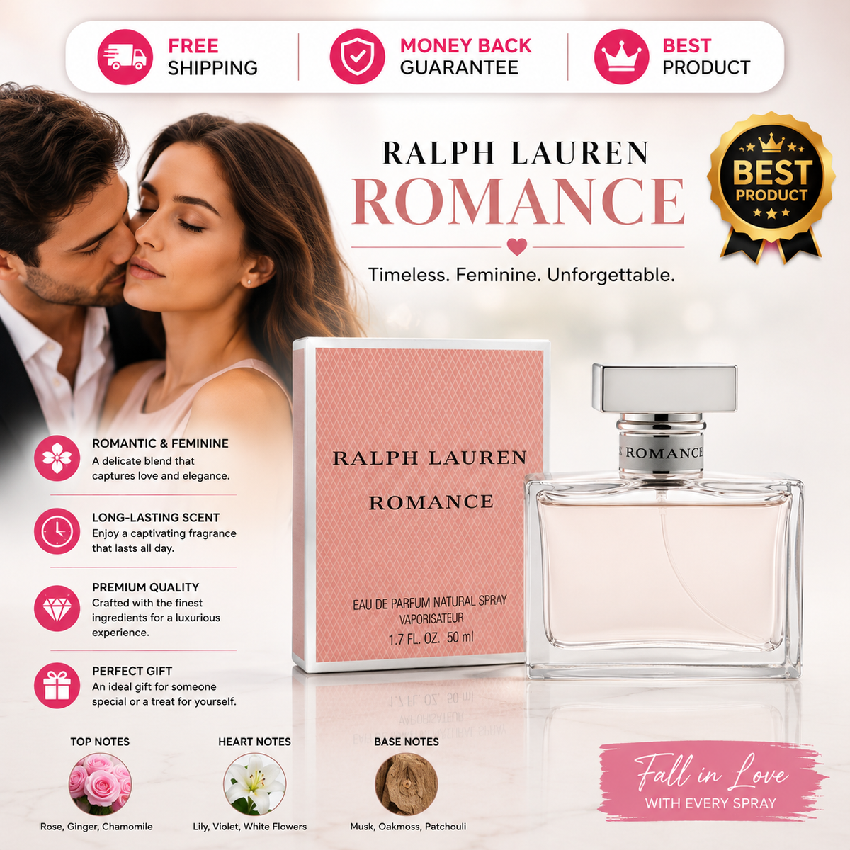 Ralph Lauren Romance Eau de Parfum for Women 1.7 oz with original pink packaging