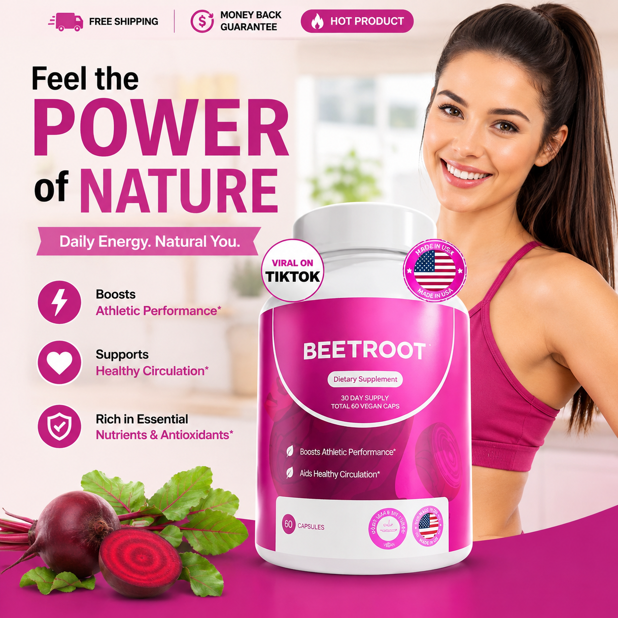 Rosabella Organic Beet Root 60 Capsules Natural Energy Boost Blood Pressure