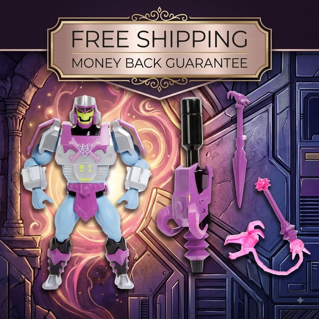 A toy action figure with a purple and light blue body, shown alongside several purple and pink weapon accessories on a stylized dark portal background. A decorative banner at the top reads 'FREE SHIPPING' and 'MONEY BACK GUARANTEE'.