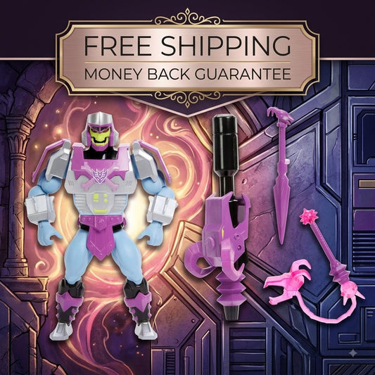 A toy action figure with a purple and light blue body, shown alongside several purple and pink weapon accessories on a stylized dark portal background. A decorative banner at the top reads 'FREE SHIPPING' and 'MONEY BACK GUARANTEE'.