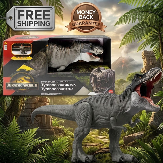 Jurassic World T-Rex toy dinosaur shown both inside its retail packaging and as a large posed figure in a prehistoric jungle scene. Promotional badges at the top read Free Shipping and Money Back Guarantee.