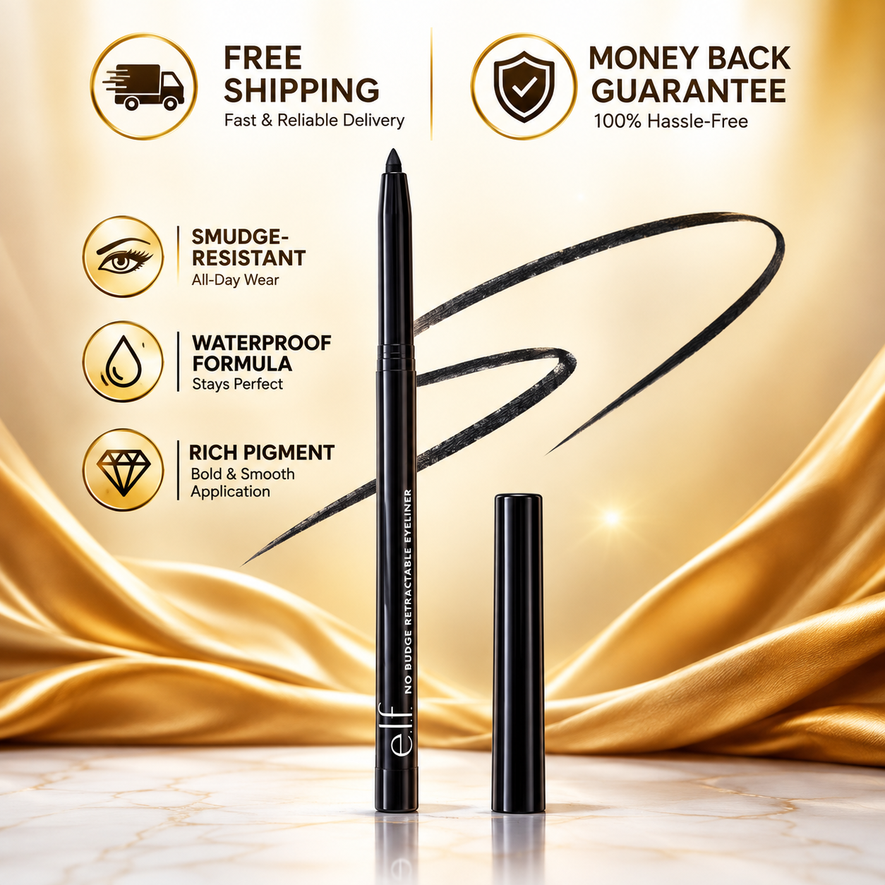 Black eyeliner pencil and cap shown on a gold promotional background with text callouts for free shipping, money back guarantee, smudge-resistant formula, waterproof formula, and rich pigment.