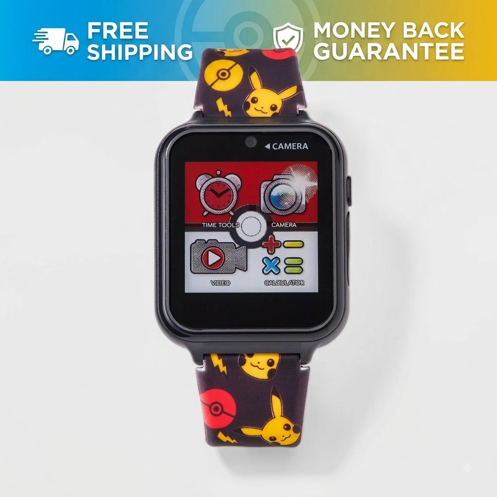 A kids' smartwatch with a black rectangular face and a dark strap printed with Pikachu and Pokéball motifs, shown on a light gray background. A promotional banner at the top reads 'FREE SHIPPING' and 'MONEY BACK GUARANTEE'.