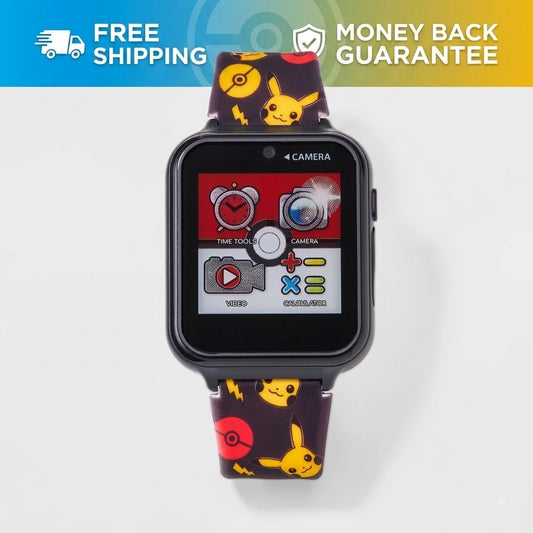 A kids' smartwatch with a black rectangular face and a dark strap printed with Pikachu and Pokéball motifs, shown on a light gray background. A promotional banner at the top reads 'FREE SHIPPING' and 'MONEY BACK GUARANTEE'.