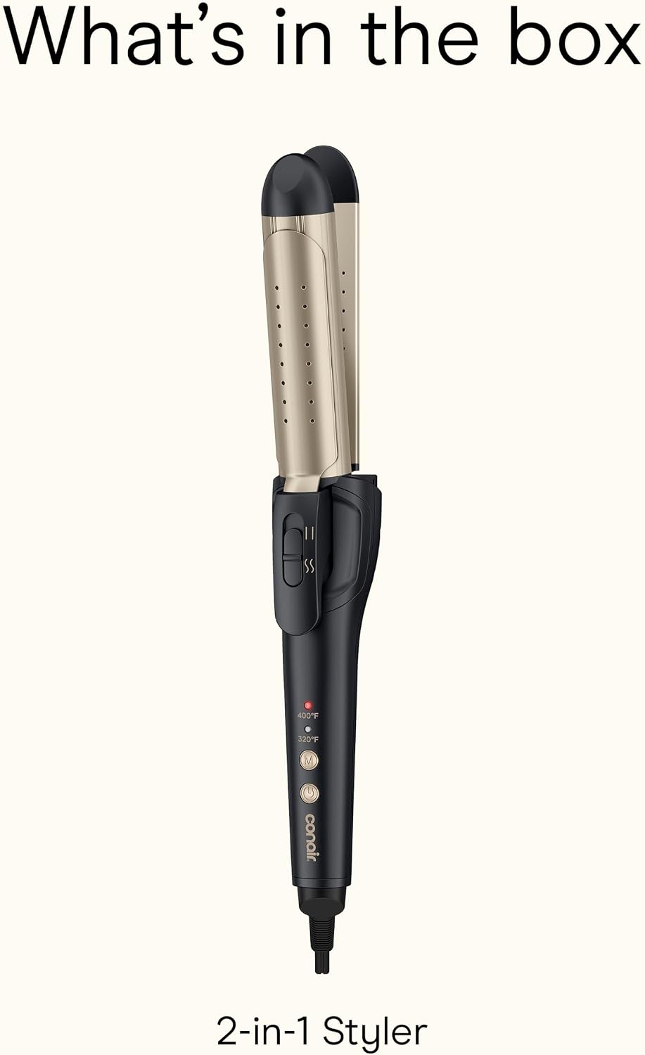 A 2-in-1 styler hair straightener shown vertically on a light cream background with text reading 'What's in the box' at the top and '2-in-1 Styler' at the bottom.