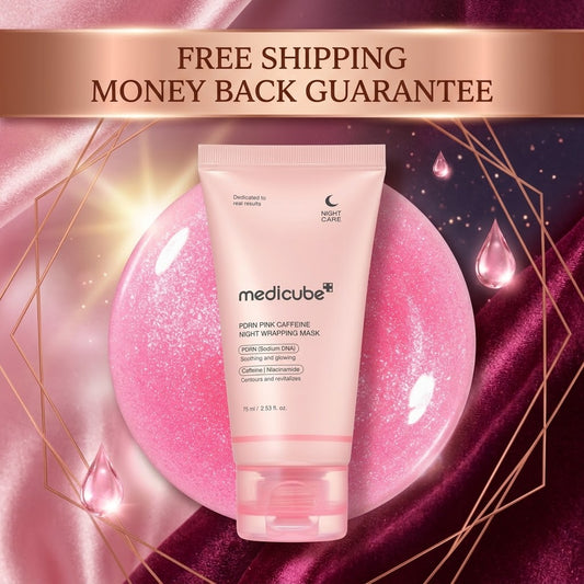 Medicube Poin Pink Caffeine Night Wrapping Mask tube centered on a pink glitter sphere with a metallic rose-gold banner reading 'FREE SHIPPING MONEY BACK GUARANTEE' above it.