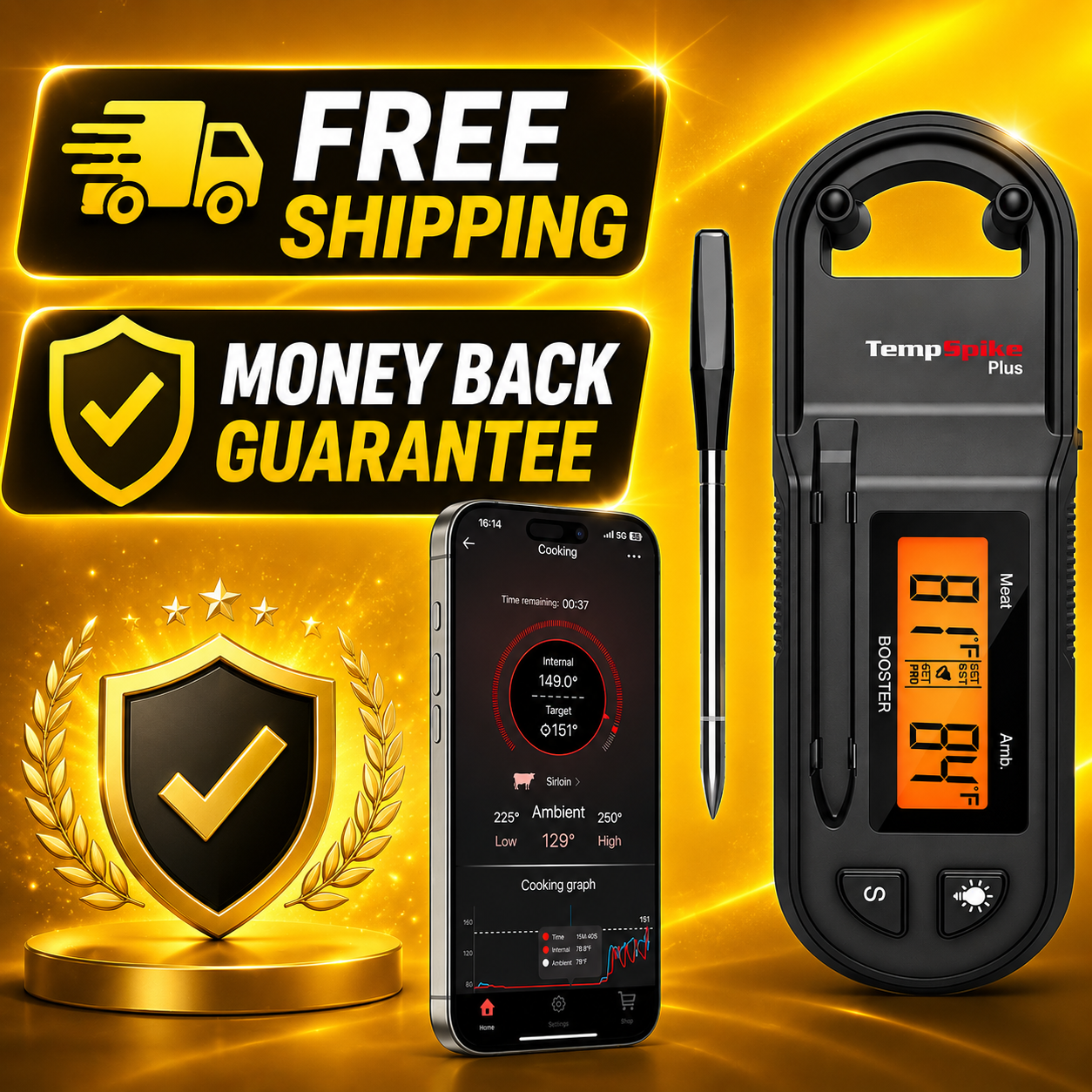A digital thermometer probe kit shown on a glossy gold promotional background, including a black handheld thermometer with an orange display, a pen-style probe, a smartphone app screen, and large text advertising free shipping and a money-back guarantee.
