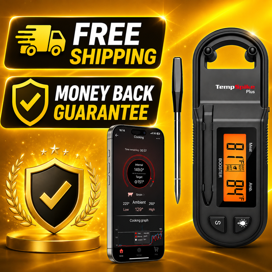 A digital thermometer probe kit shown on a glossy gold promotional background, including a black handheld thermometer with an orange display, a pen-style probe, a smartphone app screen, and large text advertising free shipping and a money-back guarantee.