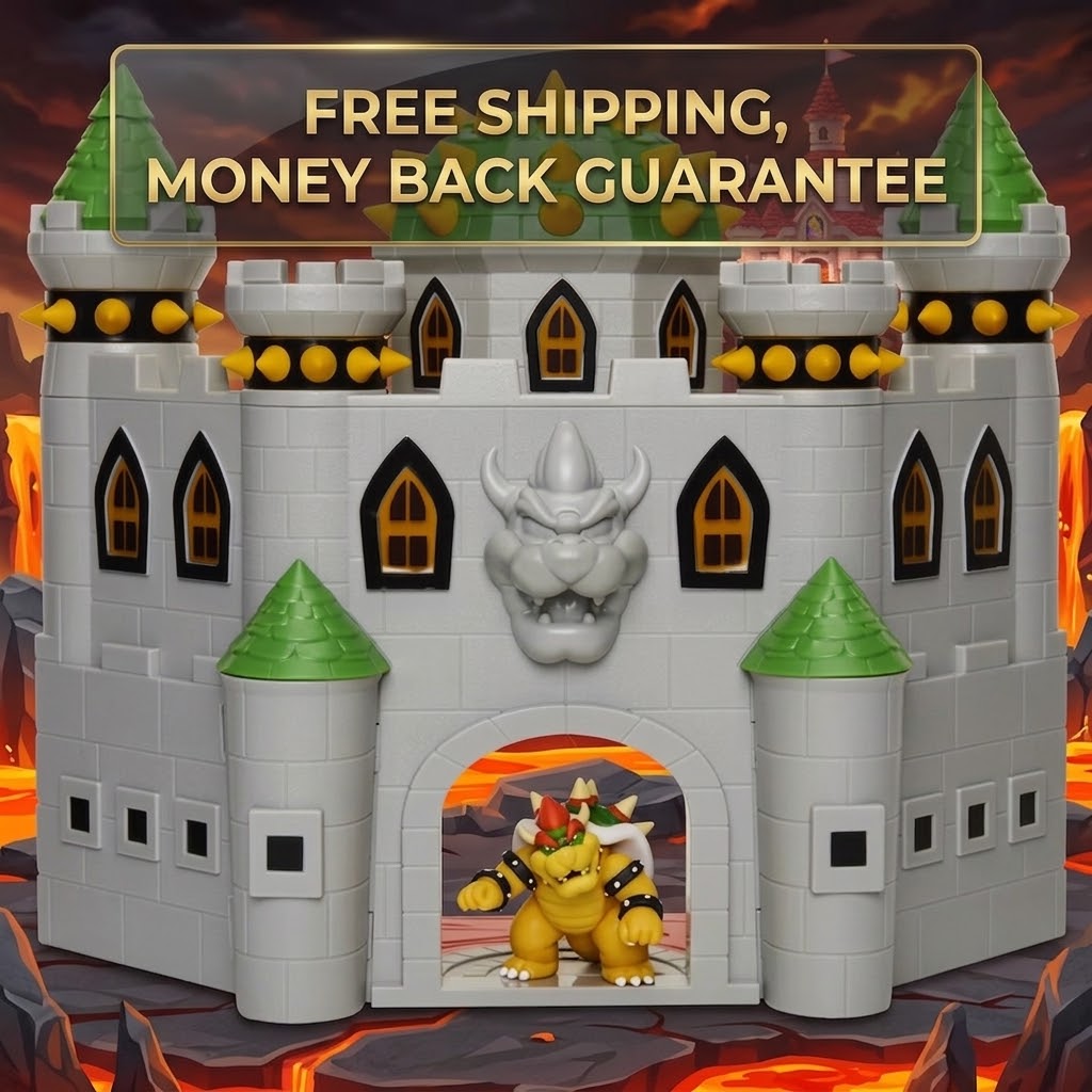 A white castle-shaped toy with green conical towers, black arched windows, and a yellow character figure standing in the central archway. The image includes a promotional banner at the top reading 'FREE SHIPPING, MONEY BACK GUARANTEE' and a fiery background.