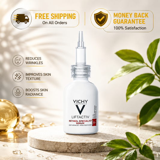 Vichy Liftactiv Retinol Specialist Serum in a white dropper bottle, displayed on a stone pedestal with decorative gold spheres and green leaves. The image includes promotional text overlays for free shipping, money back guarantee, and skincare benefits.