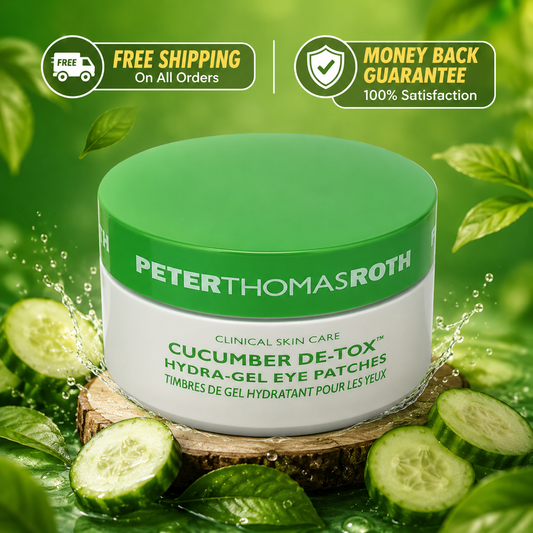 Peter Thomas Roth Cucumber De-Tox Hydra-Gel Eye Patches jar, featuring a green and white container, displayed on a wooden slice surrounded by fresh cucumber slices and green leaves. Promotional badges for free shipping and money back guarantee are visible at the top.