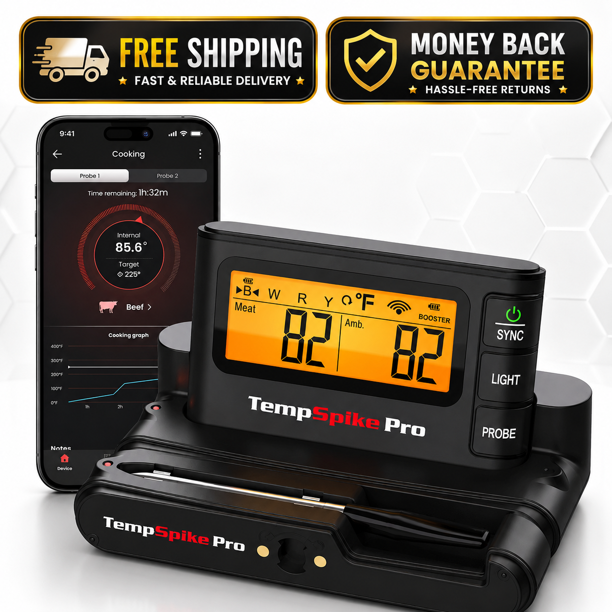 TempSpike Pro digital meat thermometer probe docked in its black charging base, shown alongside a smartphone displaying the companion app. The product features a bright orange LCD screen showing cooking temperatures and buttons for Sync, Light, and Probe.