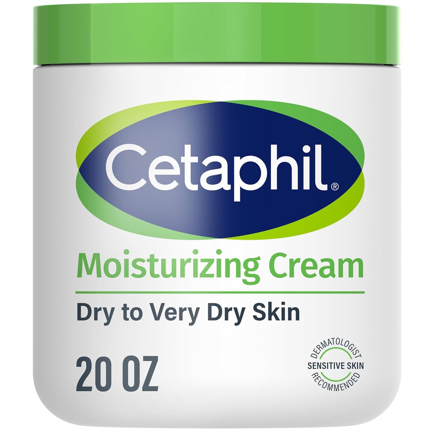 Cetaphil moisturizing cream jar with green lid on a white background
