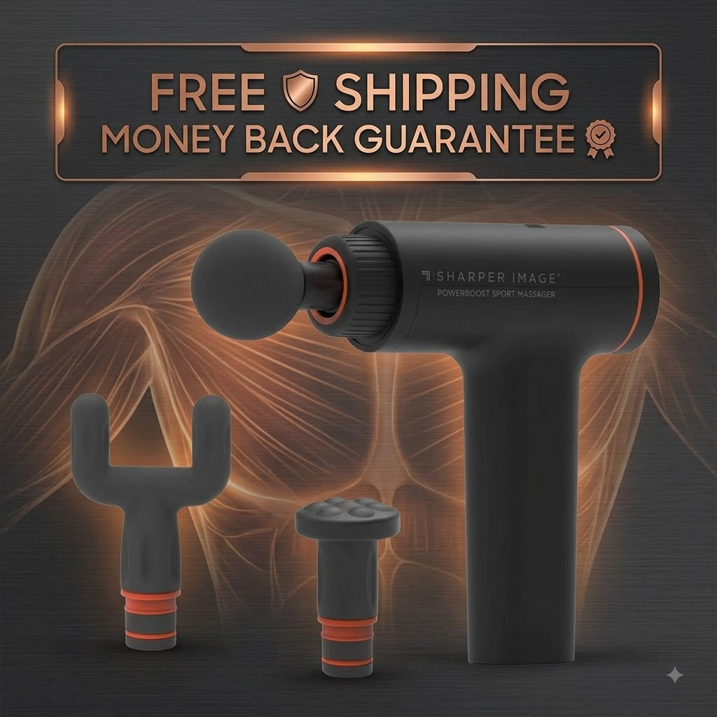 A handheld massage gun and two interchangeable attachment heads are shown on a dark promotional background with glowing orange anatomical line art and a banner reading 'FREE SHIPPING MONEY BACK GUARANTEE.' The product itself is matte black/dark gray with orange accent rings and white branding text that appears to read 'SHARPER IMAGE' and 'POWERBOOST SPORT MASSAGER.