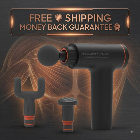 A handheld massage gun and two interchangeable attachment heads are shown on a dark promotional background with glowing orange anatomical line art and a banner reading 'FREE SHIPPING MONEY BACK GUARANTEE.' The product itself is matte black/dark gray with orange accent rings and white branding text that appears to read 'SHARPER IMAGE' and 'POWERBOOST SPORT MASSAGER.