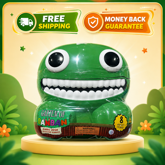 A green cartoon frog-shaped toy or collectible figure with large white eyes and a wide toothy grin, shown on a yellow pedestal with promotional badges reading 'FREE SHIPPING' and 'MONEY BACK GUARANTEE' against a decorative green illustrated background.