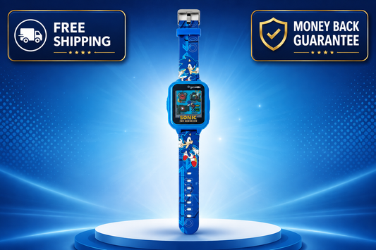 A blue Sonic-themed kids' smartwatch with a cartoon strap stands on a white circular pedestal against a blue glowing background. Two promotional badges appear in the corners: 'FREE SHIPPING' on the left and 'MONEY BACK GUARANTEE' on the right.