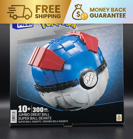 Mega Construx toy box featuring a large assembled Great Ball / Pokéball-style structure in blue, red, black, and white on the front packaging, with promotional text at the top about free shipping and money back guarantee.