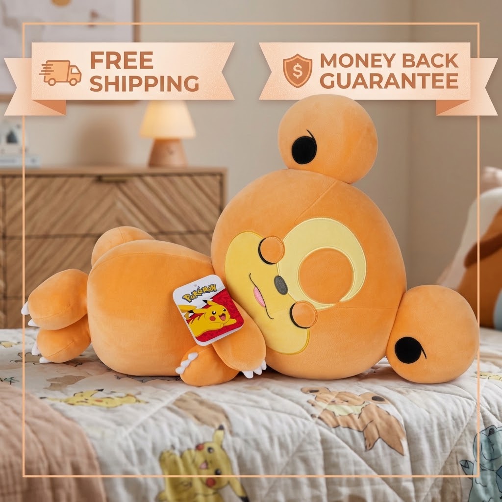 A large orange plush toy resembling a cartoon character with a yellow face and black eyes, lying on a bed with a patterned quilt. The plush has a small Pikachu tag attached and is framed by promotional banners reading 'FREE SHIPPING' and 'MONEY BACK GUARANTEE'.
