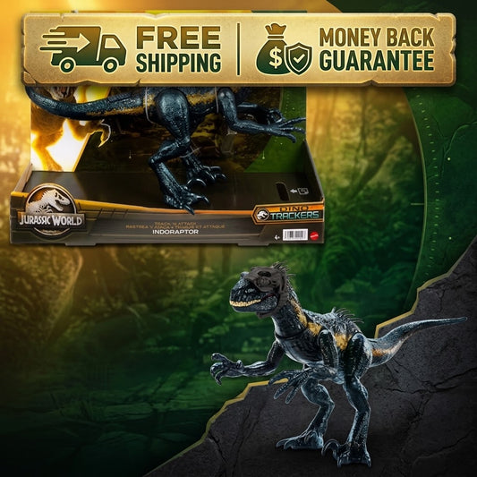 Jurassic World Indoraptor action figure shown both inside its retail packaging at the top and as a loose figure at the bottom, with promotional text reading Free Shipping and Money Back Guarantee over a dark jungle-themed background.