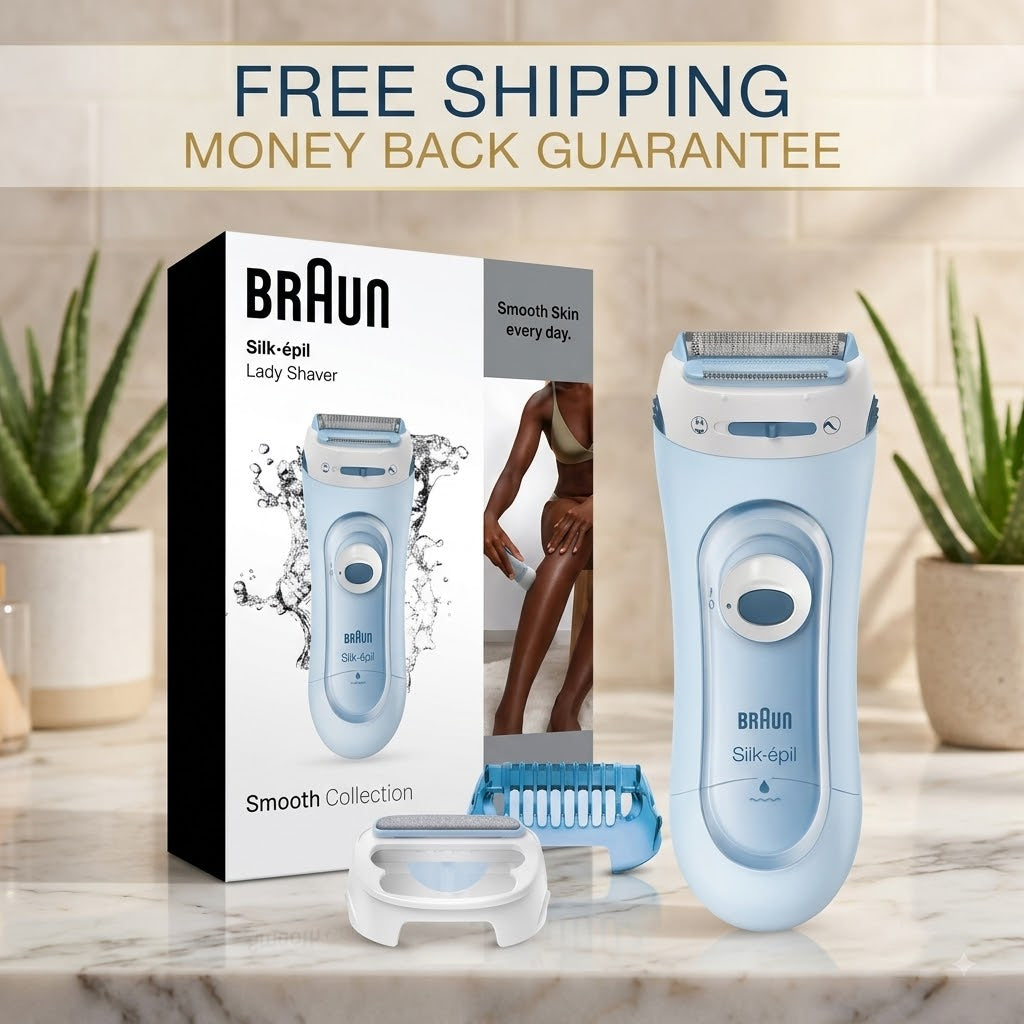 Braun Silk-epil Lady Shaver shown with its retail box, a light blue handheld device, a white trimmer head, and a blue brush attachment on a marble countertop with potted plants and a 'FREE SHIPPING MONEY BACK GUARANTEE' banner above.