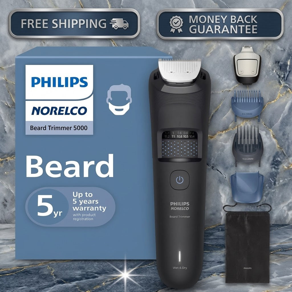Philips Norelco Beard Trimmer 5000 shown with its blue retail box and included accessories on a marble-patterned background, with promotional badges reading Free Shipping and Money Back Guarantee.