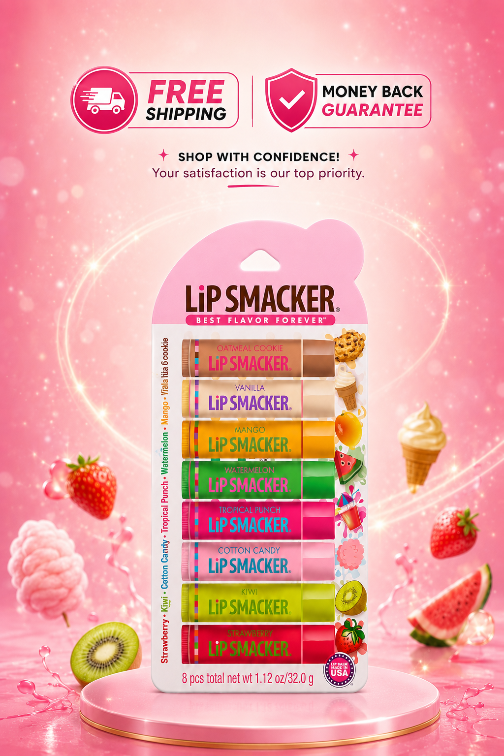 Lip Smacker lip balm set in a pink blister pack, displayed on a pink pedestal against a pink background with strawberry, kiwi, ice cream, and watermelon graphics. Promotional badges at the top read 'FREE SHIPPING' and 'MONEY BACK GUARANTEE'.